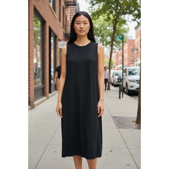 Eileen Fisher Dresses & Skirts - Eileen Fisher Black Sleeveless Stretch Jersey A-Line Midi Dress Women's L